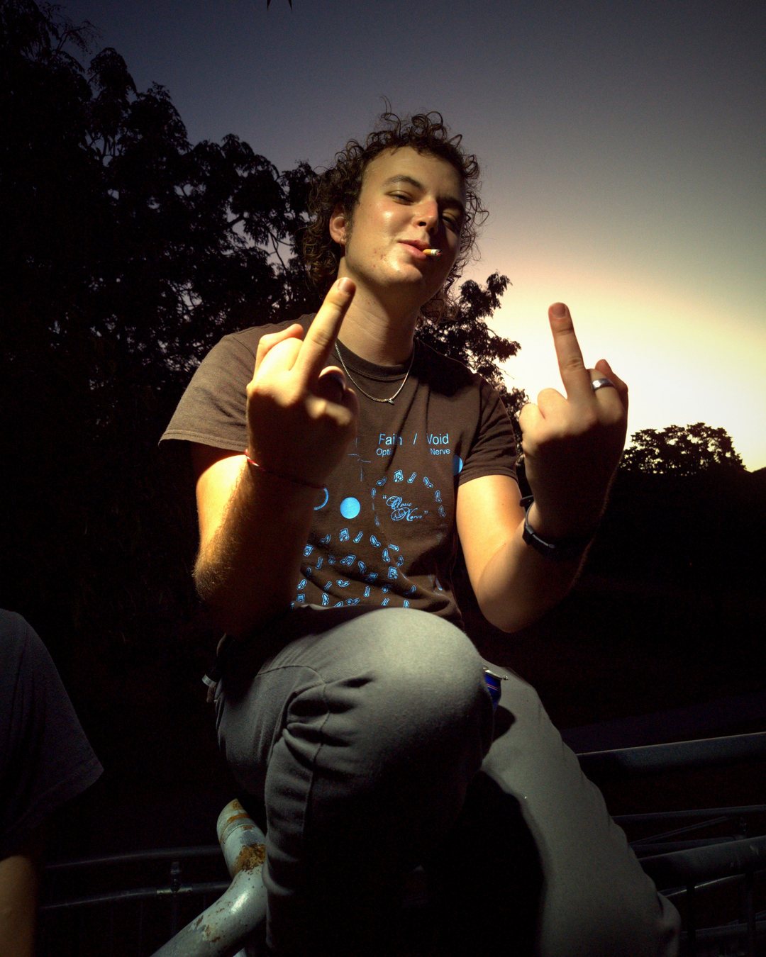 The Part 3 cover photograph; dusk at a rail, both middle fingers up